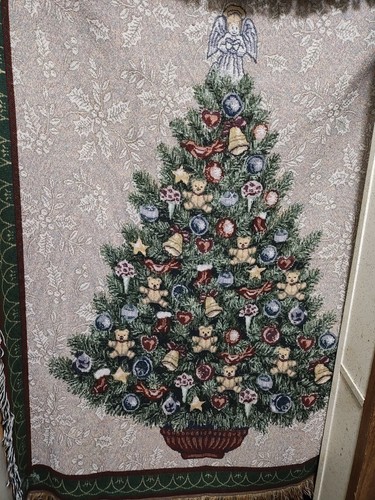 Vintage Mohawk Christmas Wall Tapestry Tree Teddy Bears Angel Top 60x50" Clean