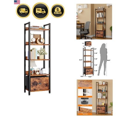 Bookshelf Storage Organizer with Drawer Tall Narrow Shelves Wood Metal Rustic...