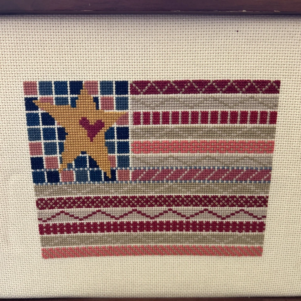 Folk Art Flag  cross stitch project on canvas stars & stripes Patriotic Framed - Image 4 of 4