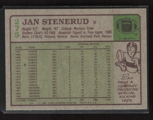 1984 Topps #275 Jan Stenerud Green Bay Packers Near Mint or Better - 第 2/2 張圖片