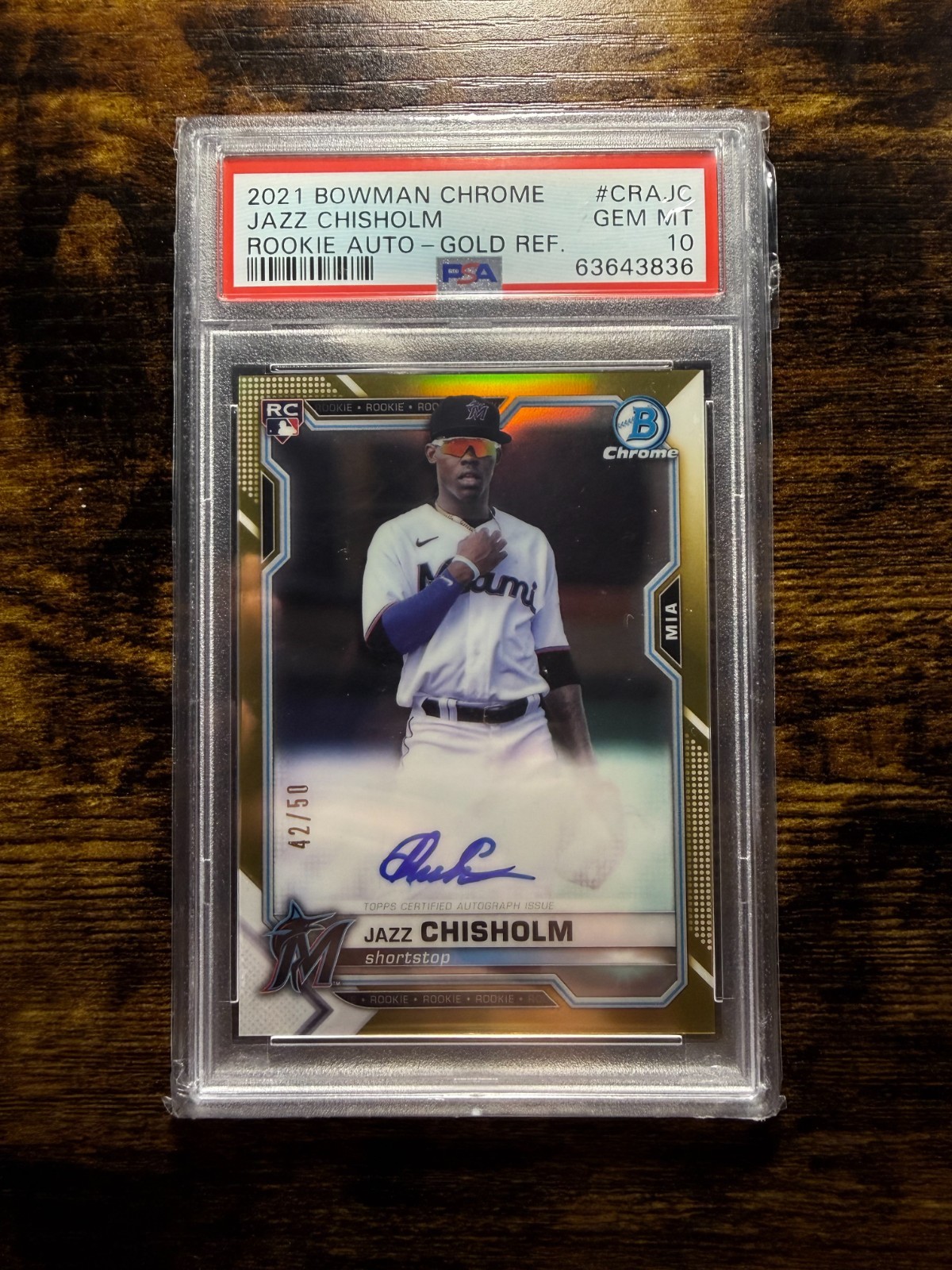 2021 BOWMAN CHROME JAZZ CHISHOLM AUTO ROOKIE GOLD REFRACTOR /50 PSA 10