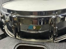 70s Ludwig Blue and Olive Badge 8-Lug Snare Drum Chrome On Maple Case Stand