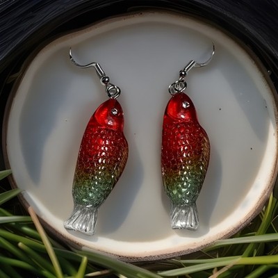FISH Dangle Pierced Earrings Silver Acrylic Handmade Artisan Hypoallergenic NEW
