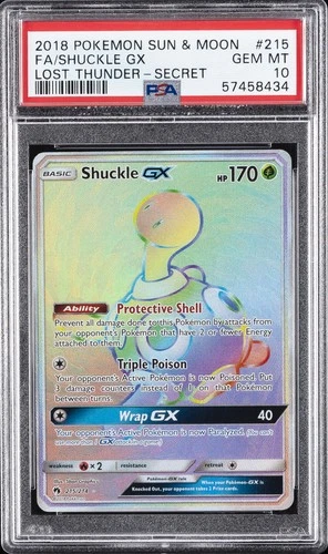 2018 POKEMON SUN & MOON LOST THUNDER SECRET #215 FULL ART/SHUCKLE GX PSA 10