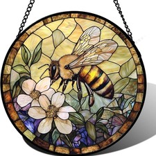 Stained Glass Window Hanging, Vintage Bee Yellow Flower Sun Catcher for Windo...