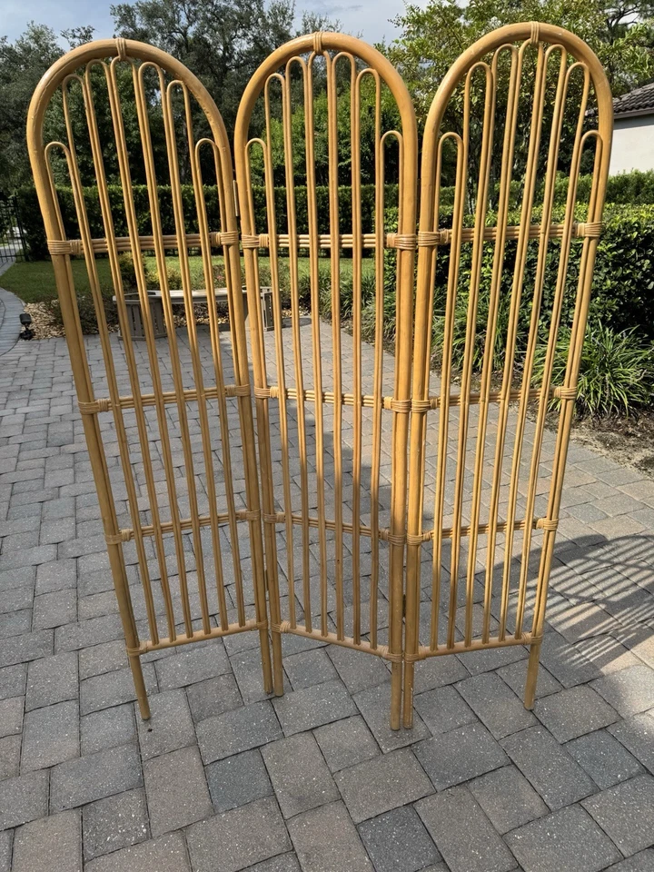 Pantalla divisoria de habitación vintage boho chic bambú ratán 3 paneles mediados de siglo moderna Foto 4 de 4