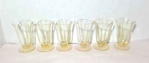 Vintage Uranium Vaseline Depression Glass Footed Cordial Glass Lot 6 Pieces