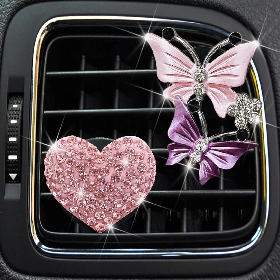 2 Pcs Pink Butterfly and Bling Heart Car Air Vent Clips,Rhinestone Car Air Fresh - Image 4 of 4