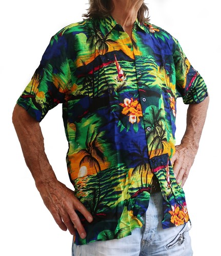 LOUD HAWAIIAN Hombre Camisa Azul Verde Palmeras/Puesta de Sol Disponible Despedida de sol Nuevo - Imagen 1 de 4