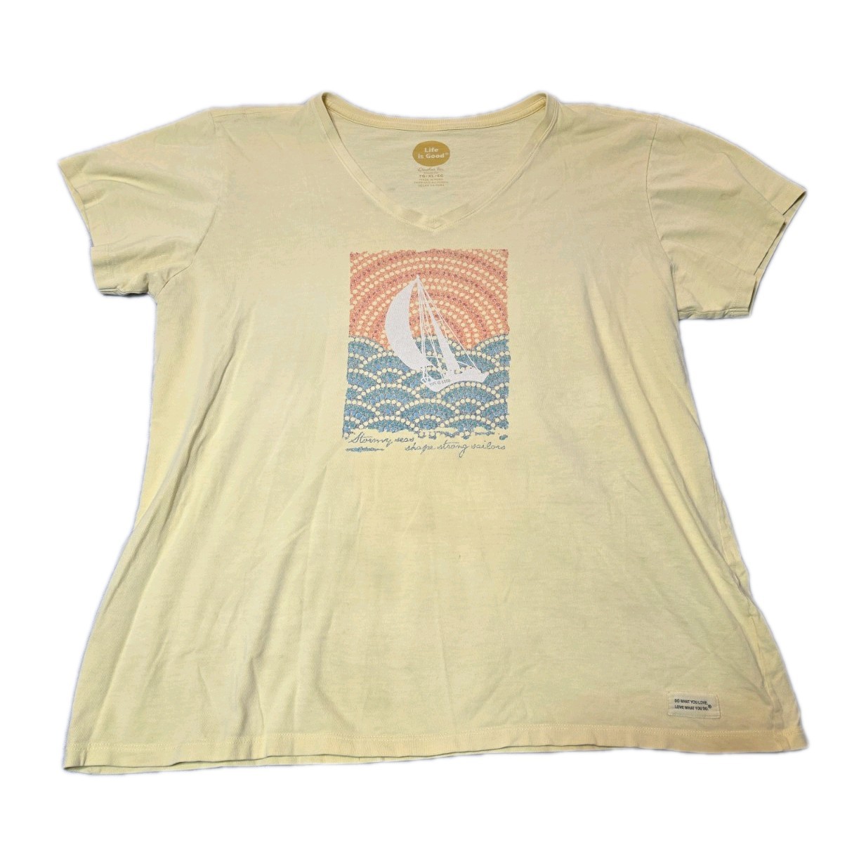 Life is Good Stormy Seas Yellow Short Sleeve Cotton T-Shirt Women's Size XL