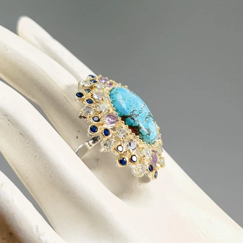 Anillo Turquesa Natural Hecho a Mano 20 quilates Plata de Ley 925 Talla 7/R431954 Foto 3 de 4