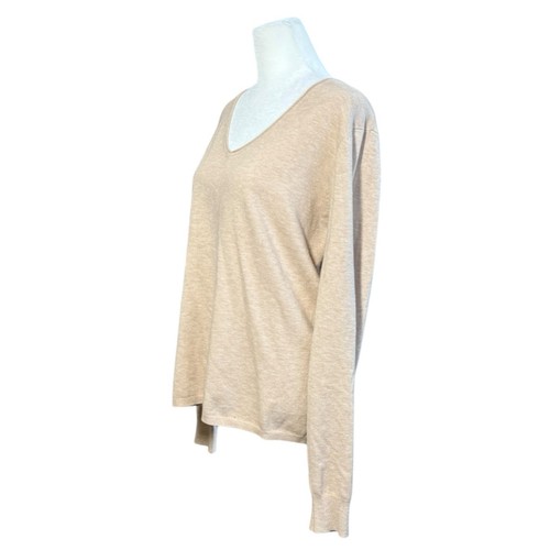 Basic Milano Knit Sweater Women XL Beige Capsule Neutral Classic V-Neck Pullover - Picture 3 of 9