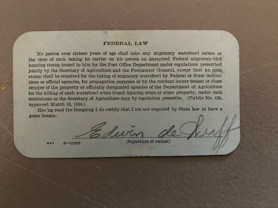 RARE 1934 Federal Migratory-Bird Hunting Certificate & Stamp On Card - Image 2 of 2