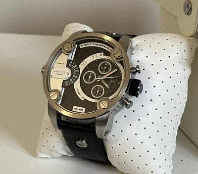 MEN'S DIESEL DZ7256 LITTLE DADDY BLACK LEATHER DUAL ZONE CHRONOGRAPH WATCH 51MM
