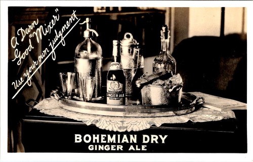 RPPC, Drink Mix Advertising BOHEMIAN DRY GINGER ALE Decanter Set PHOTO Postcard - Picture 1 of 2