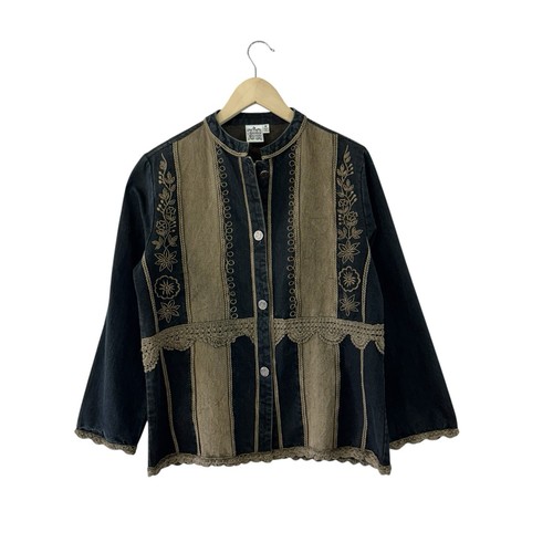 Parsley & Sage Medium Button Front Jean Jacket Embroidered Crochet Womens READ - Picture 1 of 17