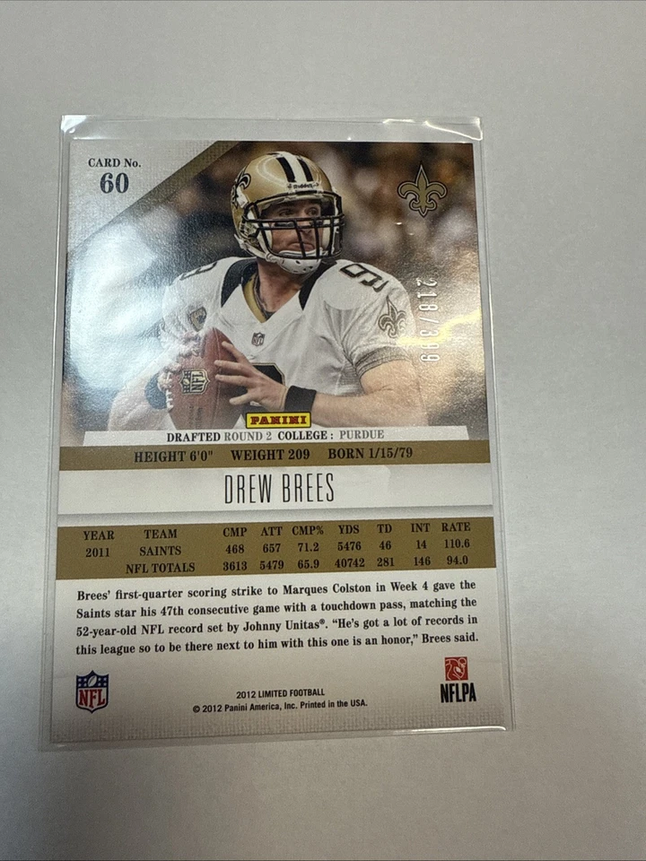 2012 Limited #60 Drew Brees /399 NEW ORLEANS SAINTS Panini - Image 2 of 3