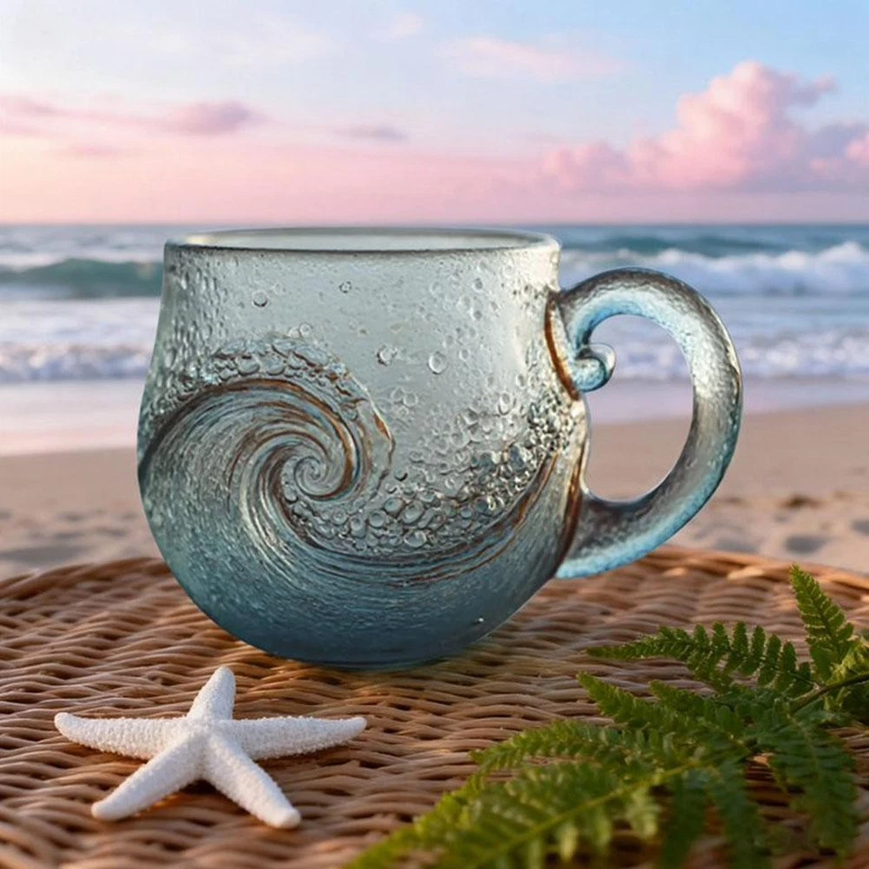 Handcrafted Sea Glass Wave Mug 12 Oz Handblown Glass Drink ware for Tea Coffee - Image 2 of 4