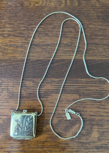 Vintage "1928" Gold Tone Square Locket Pendant, Purse Necklace 30 inch chain
