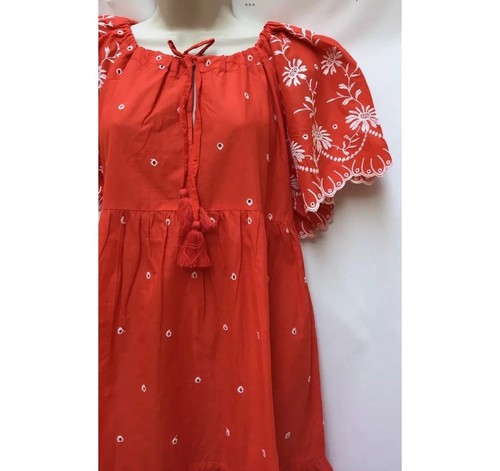 New Next Size 14 Red Short Sleeve Broderie Mini Kaftan Summer Dress Tie Neck - Picture 6 of 17