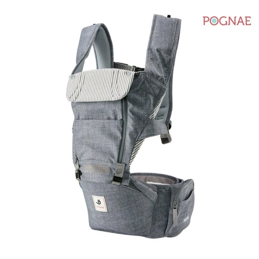 Pognae Baby Carrier Denim Blue Used Hip Seat Ergonomic Buckle Adjustable Infant