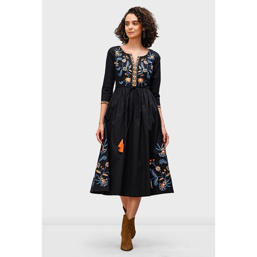 eShakti Kleid Boho Wayward Fancies schwarz Blumen Ranken Stickerei Baumwolle Größe 8 - Bild 1 von 18