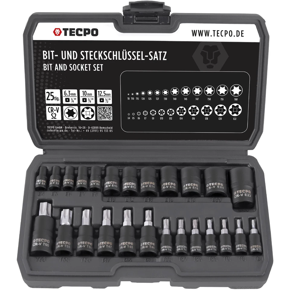 TECPO STECKSCHLÜSSEL SATZ TORX NÜSSE T8-T60 + E4-E22 25-TEILIG 1/4 3/8 1/2 ZOLL - Bild 2 von 4