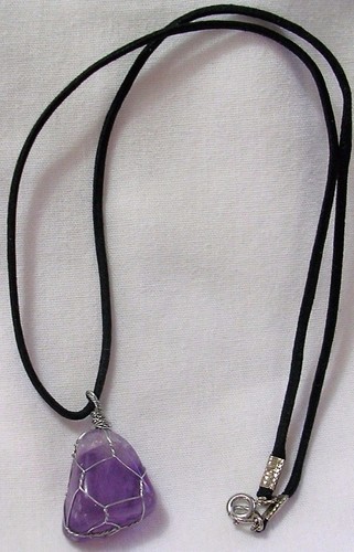 AMETHYST GEMSTONE 22 X 22mm WIRE WRAPPED PENDANT 20" BLACK CORD NECKLACE - Picture 2 of 3