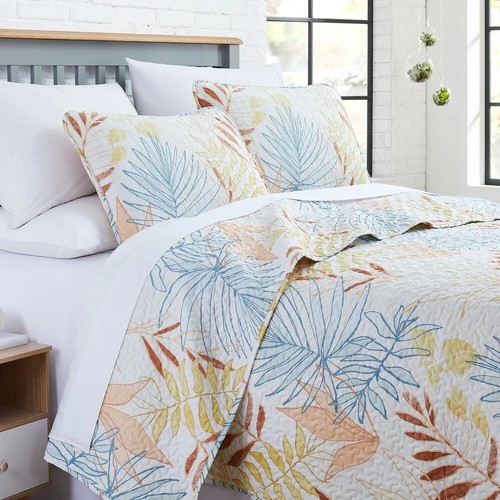 Queen Quilt Set Summer Tropical Leaf Beachy Botanical Island Breezy Lightwgt 3pc - Picture 12 of 24
