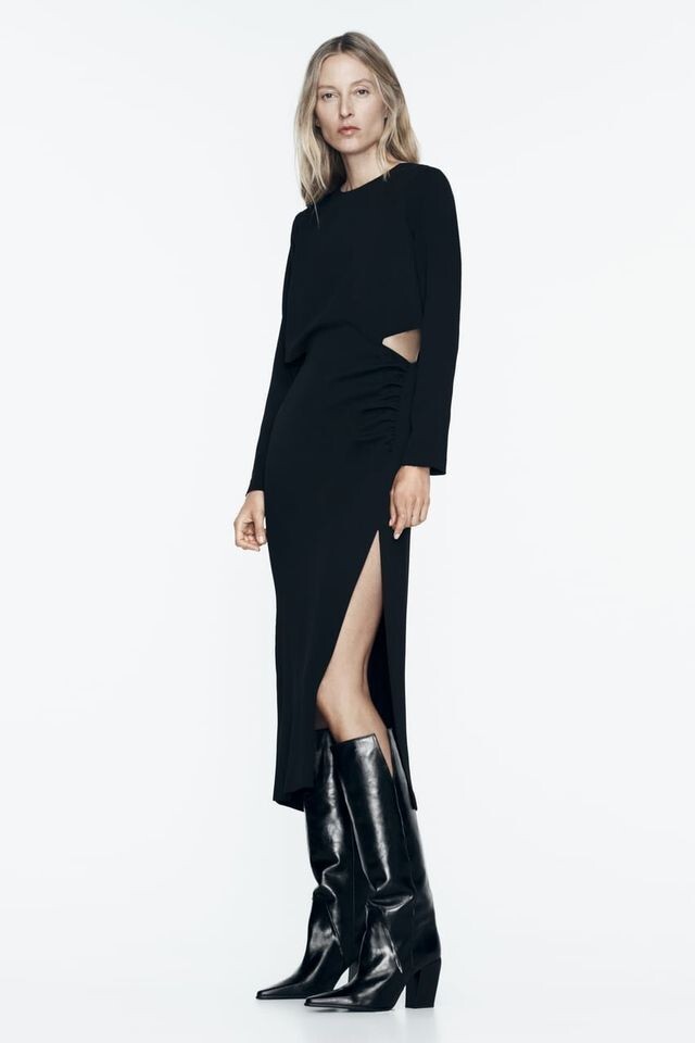 Zara dress midi party cut-out crepe black long sleeve non