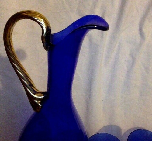 Vintage Cobolt Blue Glass & Gold. Set. Tall Pitcher & 4 Goblets. Alrose. Italy. - Picture 6 of 7