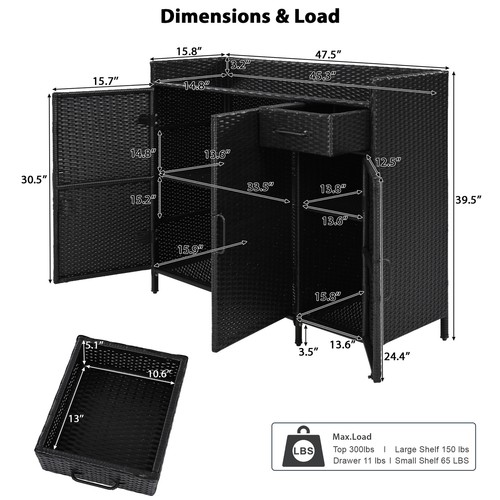 47.5"W Wicker Outdoor Storage Cabinet with Tempered Glass Desktop Rattan Bar - Picture 17 of 22