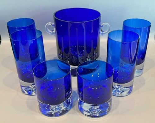PAIR- VINTAGE BLOCK STOCKHOLM COBALT BLUE CRYSTAL DOUBLE OLD FASHIONED GLASSES - Picture 2 of 2