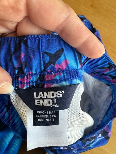 Lands End Boys youth Swim Trunks L 14-16 BLUE SHARK Print Drawstring Pocket - Picture 3 of 4