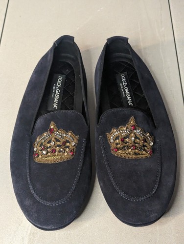 Dolce & Gabbana Men's Blue Suede Encrusted Crown Patch Loafers Size 7 UK 8 US - Picture 22 of 24