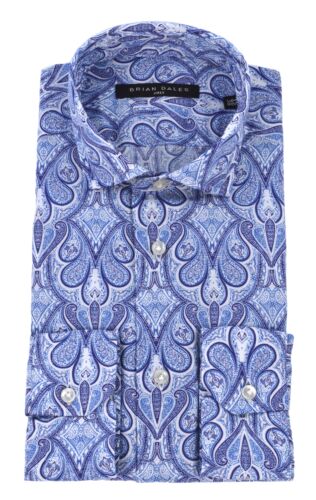 BRIAN DALES Mens French Neck Shirt Blue Paisley ST7403 BS50W 001 - Picture 1 of 3