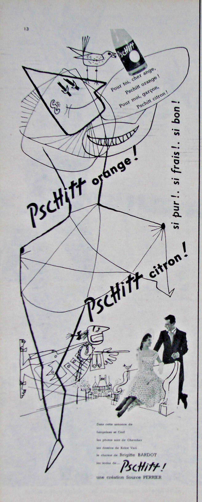 1955 PSCHITT PRESS ADVERTISEMENT LEMON OR ORANGE PERRIER WITH BRIGITTE BARDOT