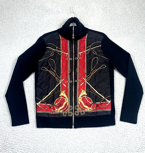 Lauren Ralph Lauren Equestrian Bishop Zip Silk Wool Sweater Cardigan Quilted XL