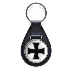 Basic Maltese Cross Black Leather Keychain Silver Keyring Military Gift