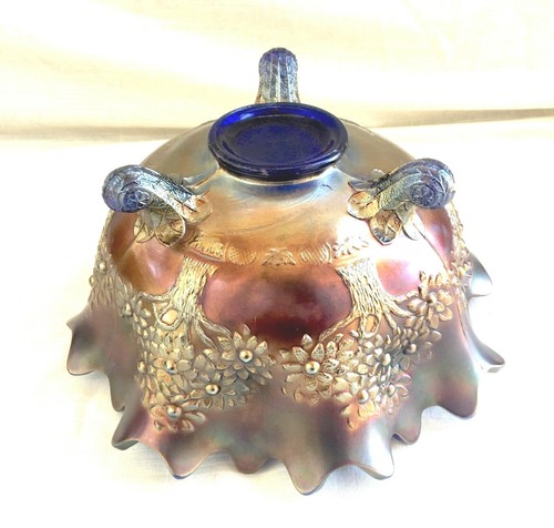 Antique Footed Fenton OrangeTree Cobalt Blue Carnival Glass/Ruffle Edge Bowl 10" - Picture 8 of 12