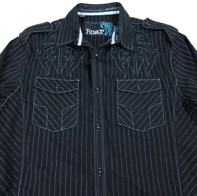LARGE Buckle Exclusive ROAR Mens Embroidered Black Stripes L/S Button Shirt