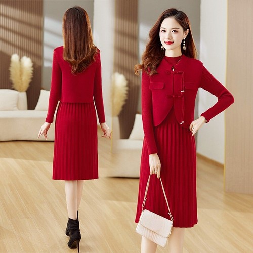 Damen Pullover Kleid Set Chinesischer Stil Strickanzug 2 Teile Weste + Kleid Winter - Bild 4 von 22