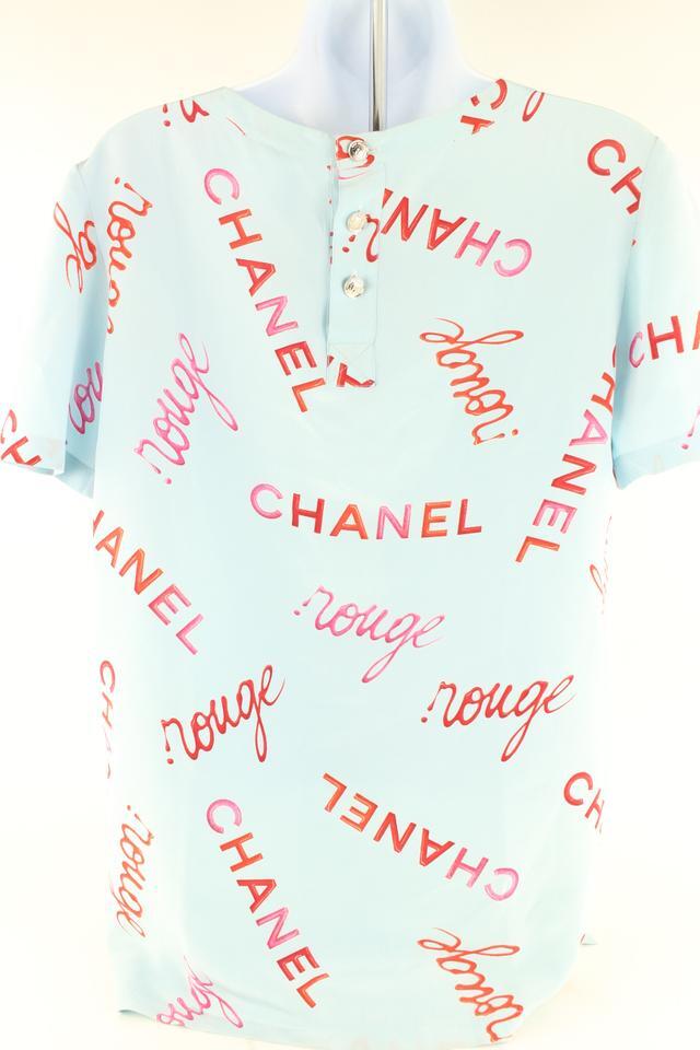 Chanel Size 38 96P Rouge Coco All Over Blue Silk Top Blouse