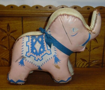 Vintage Scuffed / Dirty Pink Vinyl Stuffed Animal Toy Elephant - 9'' 