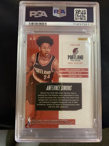 2018-19 Panini Absolute Memorabilia Anfernee Simons RC PSA 10 Portland Pop. 2 - Picture 2 of 2