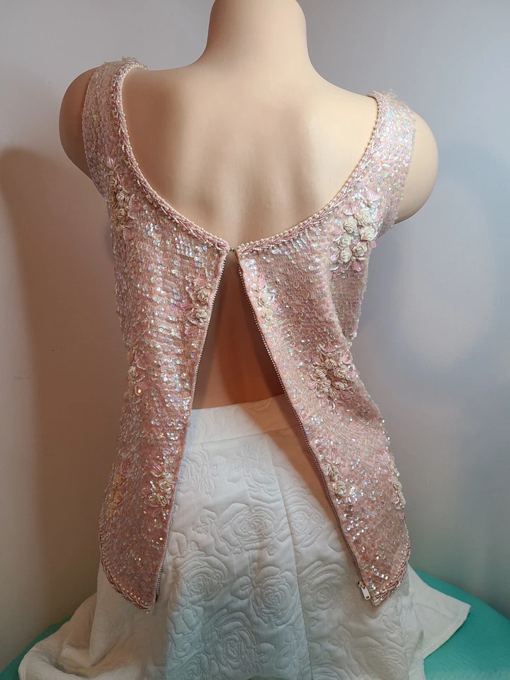 Chaleco de Colección Años 60 Lana Decorado a Mano Cuentas Lentejuelas Showstopper Talla Pequeña Foto 4 de 4