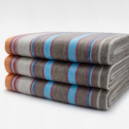LUXURIOUS STRIPED ALPACA WOOL BLANKET 96x67 in MULTICOLOR ORANGE BLUE TAUPE - Picture 3 of 12