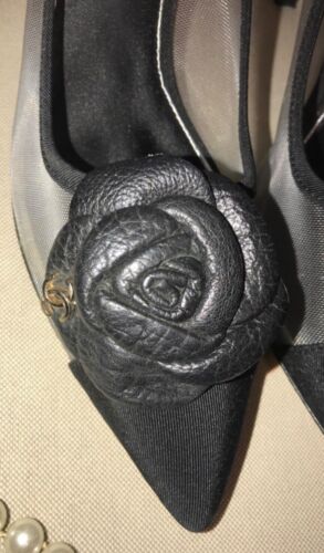 CHANEL COCO Mesh CC Floral Logo Black Pointed toe CC on Heel Pumps Size 41 - Picture 7 of 21