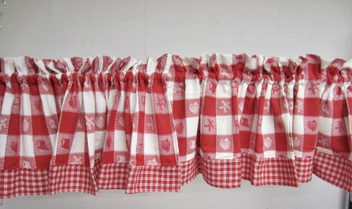Set/4 COASTAL BEACH COTTAGE Red White COTTON Check SEA SHELLS Valances 56" W Ea - Picture 3 of 7