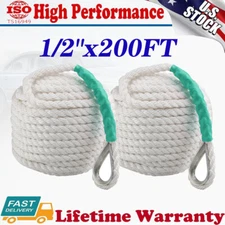2Pcs 1/2"x200FT Twisted 3 Strand Nylon Anchor Rope Boat w/Thimble Rigging Line
